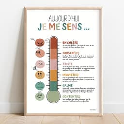 Aujourd'hui, je me sens Thermomètre aux couleurs boho ; chaque graduation avec un smiley indique un degré d’émotion.