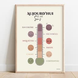 Aujourd'hui je me sens Thermomètre aux couleurs pastel ; chaque graduation avec un smiley indique un degré d’émotion.