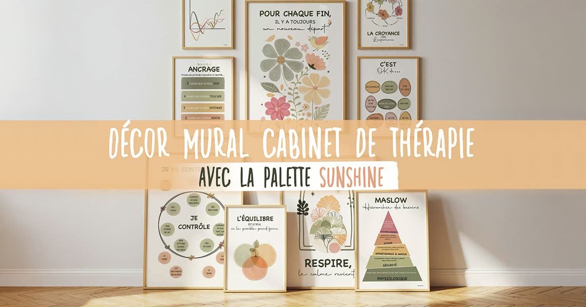 Decor mural cabinet de thérapie avec la palette Sunshine Mur blanc avec affiches décoratives encadrées pour cabinet de thérapie
