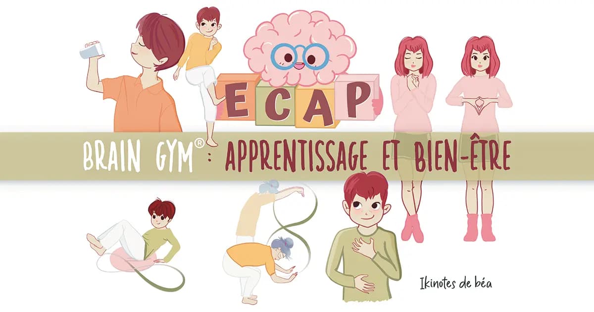 Le Brain Gym® Dessin à la main d'un cerveau avec des lunettes qui tient une pancarte de l'ECAP entouré de personnages qui font du brain gym