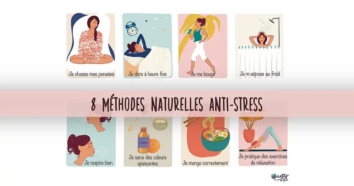 Méthodes naturelles anti stress Infographie montrant huit méthodes simples pour lutter contre le stress