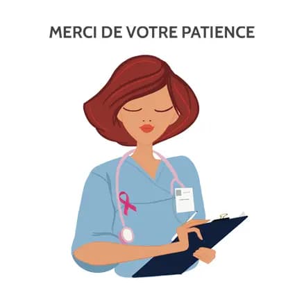 Illustration pour badge assistante médicale Illustration d'une assistante médicale en blouse bleue avec ruban rose et tiens un porte document dans la main