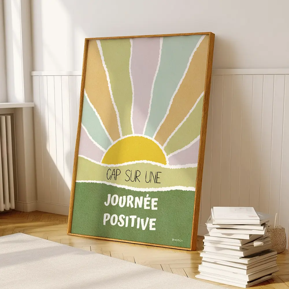Dessin abstrait d'un couché de soleil dans les tons verts printemps contenant des citations positives