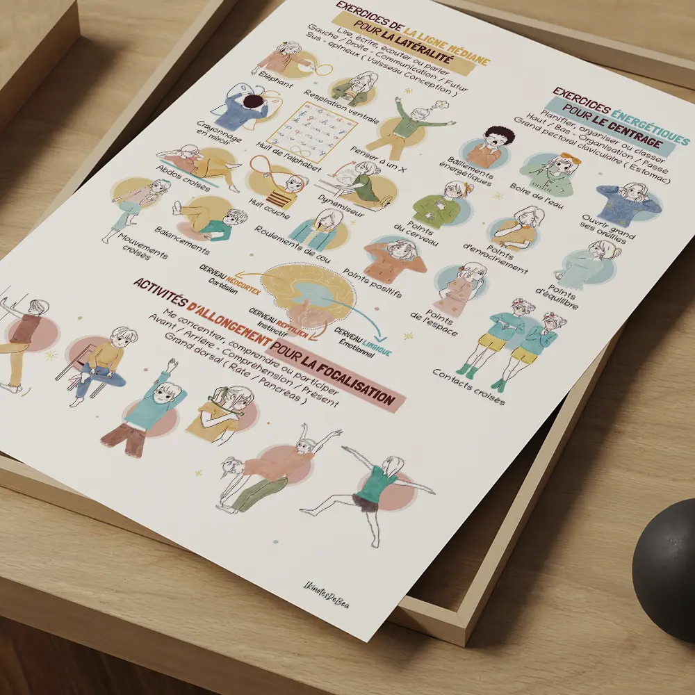 Poster dessiné à la main regroupant les 26 mouvements d'ancrages de Kinésiologie