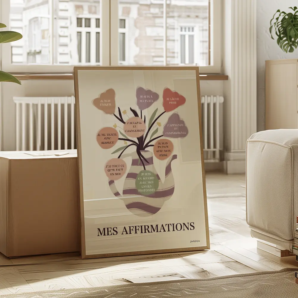 Dessin d'un vase en forme de cruche provençale contenant un bouquet de fleurs dont chaque fleurs est une bulle contenant une affirmation positive