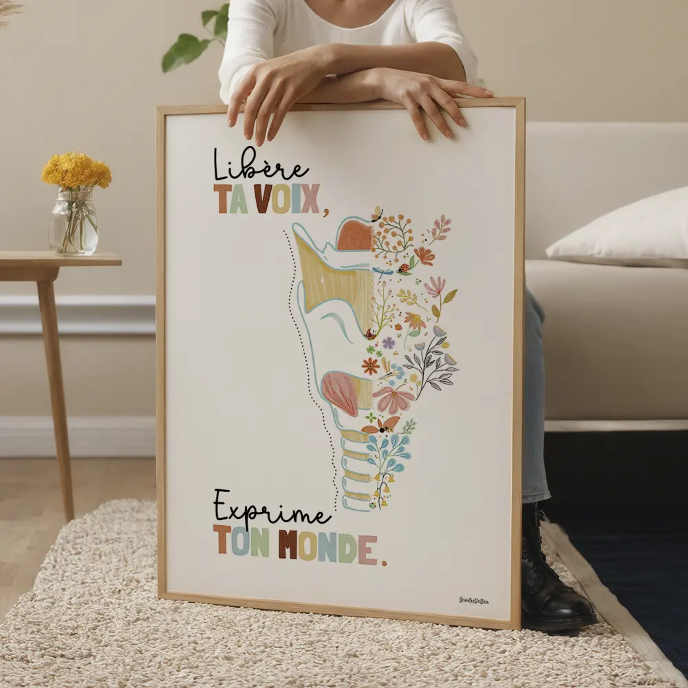 Illustration aquarelle montre un larynx en fleur. Une phrase inspirante est inscrite : Libère ta voix, exprime ton monde.