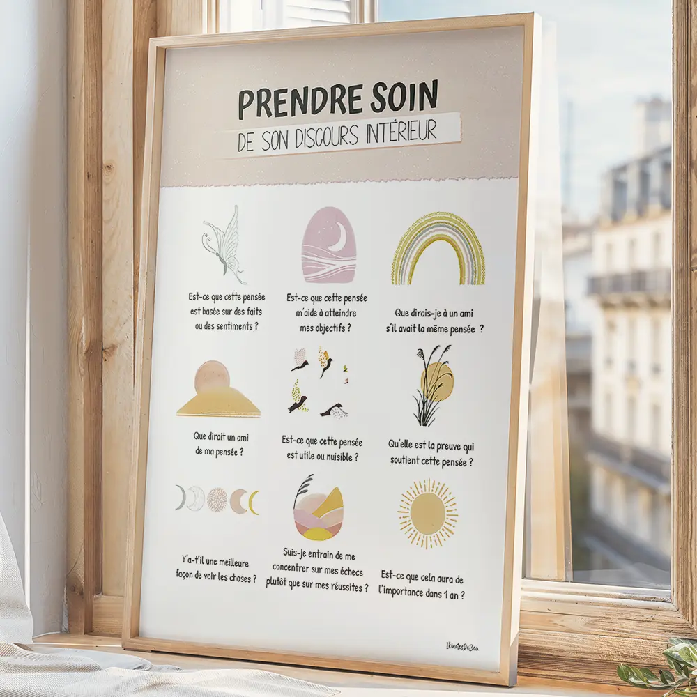 Affiche composée de neuf dessins abstraits aux couleurs pastel chacun est accompagnée d'un message pour prendre soin de son discours intérieur