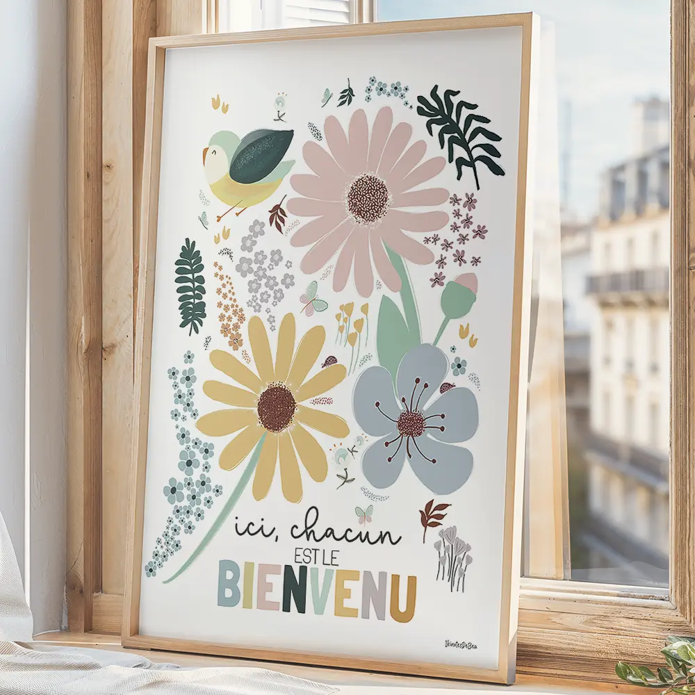 Dessin d'une composition florale autour du message « Ici, chacun est le bienvenu » 