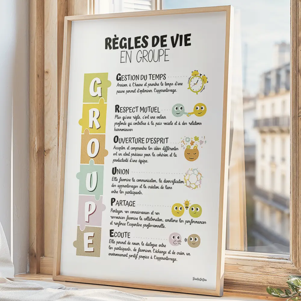 Infographie dont les lettres principales du mot "GROUPE" sont dessinées dans des pièces de puzzle et accompagnées d'un petit dessin ludique