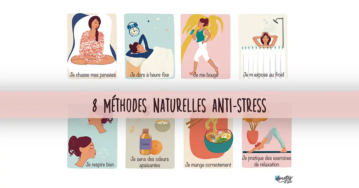 Infographie montrant huit méthodes simples pour lutter contre le stress